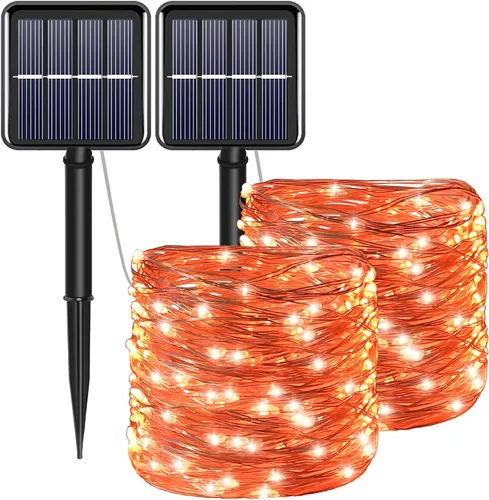 Miniatura 10 de Tira de luces solares azules de Navidad al aire libre impermeables, 2 paquetes, total 200 LED, 20.1 m, 8 modos, luces de hadas de cobre