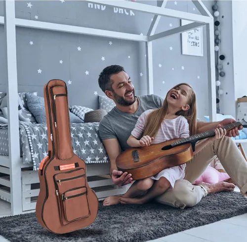Miniatura 7 de Bekith Bolsa de guitarra acústica de 40, 41, 42 pulgadas, 6 bolsillos, funda de guitarra impermeable, tela Oxford, almohadilla de esponja gruesa