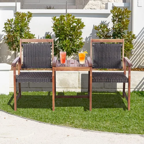 Miniatura 4 de HAPPYGRILL Patio Bistro - Juego de sillas de madera de acacia con mesa auxiliar, banco de mimbre de ratán 3 en 1 con agujero para sombrilla