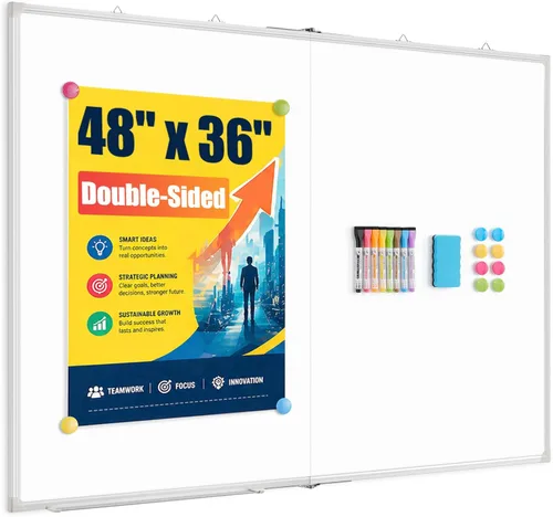 Miniatura 12 de Pizarra blanca grande de borrado en seco para pared, 60 x 40 pulgadas, pizarra magnética de doble cara con bandeja larga para bolígrafos, pizarra