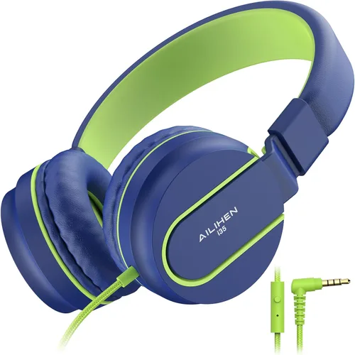 AILIHEN Auriculares para niños, audífonos I35 sobre la oreja para la escuela, volumen seguro de 93dB, micrófono HD estéreo para niños y niñas, Azul