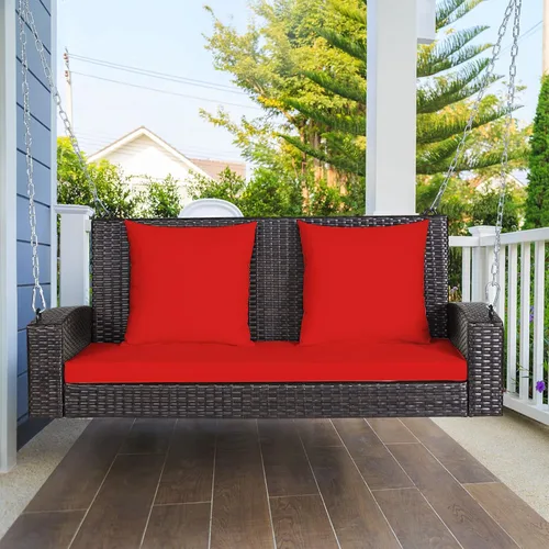 Miniatura 3 de Tangkula Columpio de Mimbre para Porche de 2 Personas, Patiojoy Banco Colgante de Ratán para Exteriores con 2 Cojines de Respaldo y 1 Cojín