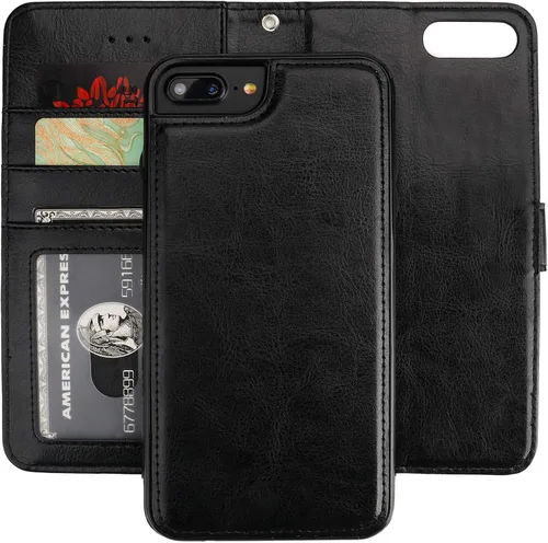 Bocasal Funda tipo cartera para iPhone 7/8 Plus de piel sintética con soporte desmontable magnético, ranuras para tarjetas, correa para la muñeca,