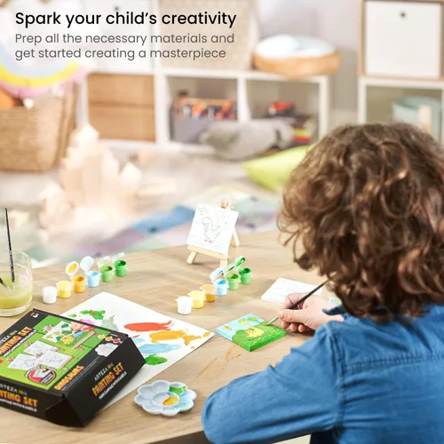 Miniatura 5 de ARTEZA Kids Kit de pintura de dinosaurios, 4 lienzos de 3 x 3 pulgadas, 4 caballetes, 12 pinturas acrílicas, 2 pinceles de pintura, 1 paleta