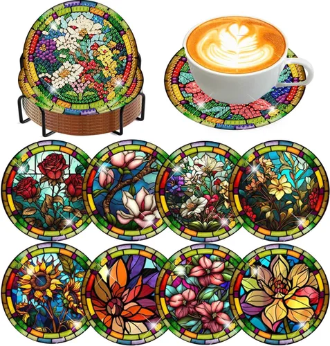 Miniatura 12 de Meothan Juego de 8 posavasos de arte de diamante para adultos con soporte, almohadillas de corcho, posavasos de arte de puntos de diamante de vidrio
