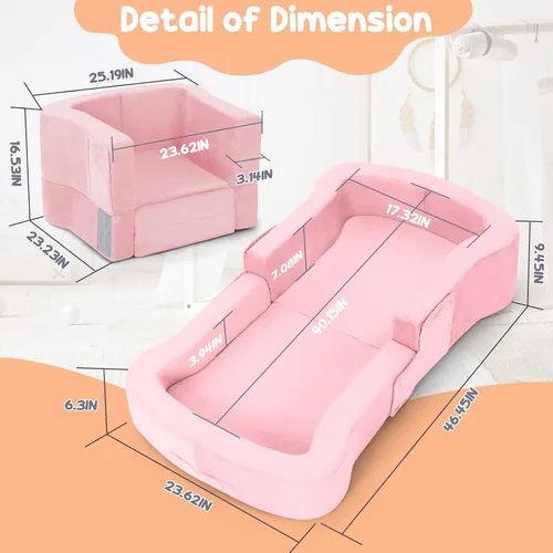Miniatura 6 de whiffee Cama de viaje para niños pequeños, cama sofá silla portátil plegable 2 en 1, catre de piso suave para bebés y niños con fundas lavables, Rosa