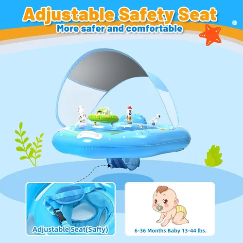 Miniatura 7 de Flotador de piscina para bebé con toldo y consola de juguetes, asiento seguro ajustable, parasol UPF50+ extraíble, flotador de piscina infantil