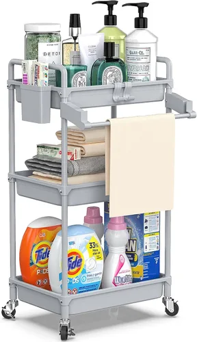 Miniatura 8 de SPACEKEEPER Carrito de almacenamiento rodante, carrito utilitario de 3 niveles, organización de cuarto de servicio, estantería móvil, organizador