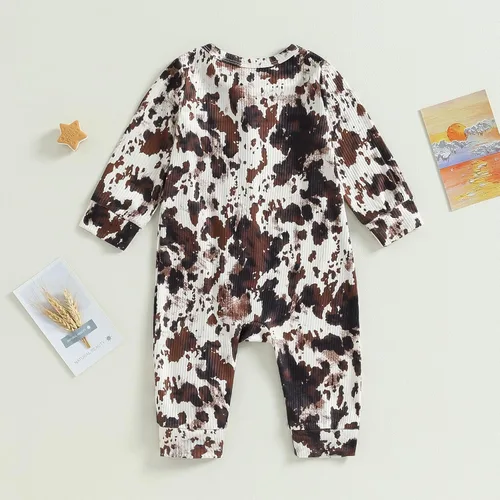 Miniatura 3 de Mono de manga larga con estampado de vaca y cremallera sin pies, mameluco de vaquero recién nacido, ropa de otoño e invierno