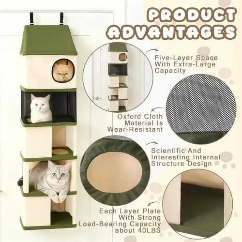 Miniatura 3 de Torre colgante de árbol para gatos de interior de 5 niveles de menos de 40 libras, muebles para mascotas montados en la puerta, ahorro de espacio