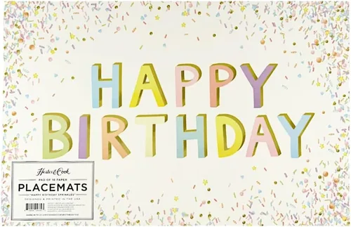 Manteles individuales de papel de confeti de feliz cumpleaños, manteles individuales cuadrados desechables para fiestas, 18 hojas por bloc,