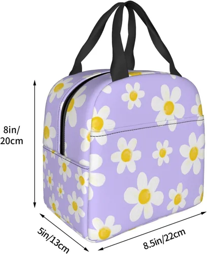 Miniatura 4 de Bolsa de almuerzo con diseño de margaritas blancas, color morado, aislante, reutilizable, contenedor portátil para comidas, para mujeres, cajas