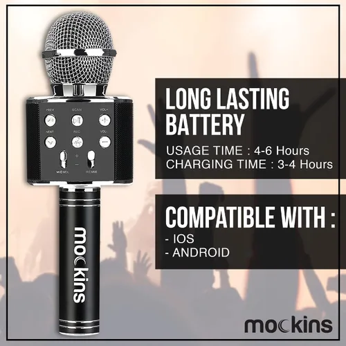 Miniatura 3 de Mockins Micrófono de Karaoke Bluetooth Negro para Niños con Altavoz Bluetooth Integrado Micrófono Inalámbrico de Karaoke Compatible con iPhone
