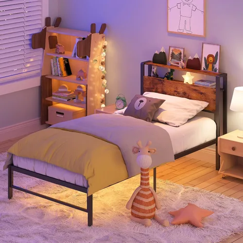 Miniatura 7 de Weehom Marco de cama individual para niños, cama de tamaño individual con estantes de madera de 2 niveles, cabecero debajo de la cama, espacio