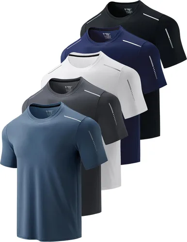 Miniatura 13 de Paquete de 5 camisetas de manga corta para hombre con cuello redondo y de secado rápido Camisetas atléticas para correr, entrenar en el gimnasio