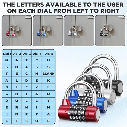 Miniatura 7 de Paquete de 4 candados de combinación de 5 letras – Candados de palabras reiniciables sin llave para casilleros de gimnasio, cajas de herramientas