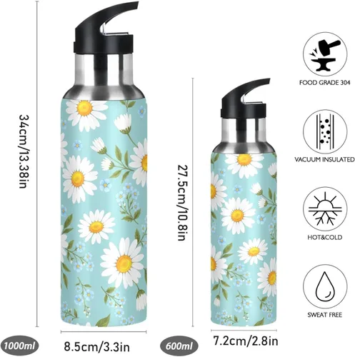 Miniatura 2 de Stainless Steel Water Bottle 20 Oz, BPA-Free Sports Water Bottle with Straw for Gym Outdoor Travel School, Daisies Yellow Blue Flowers