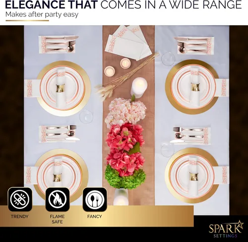 Miniatura 6 de Platos de plástico de oro rosa para fiesta, cubiertos de plástico de oro rosa, juego de vajilla de boda de 350 piezas, 50 invitados, 100 platos