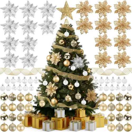 Miniatura 7 de Skylety Juego de 104 piezas de decoraciones para árbol de Navidad, adorno colgante azul de Navidad, bolas para árbol, estrella para la punta, flor