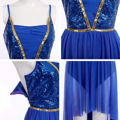 Miniatura 6 de ODASDO Vestido de baile con lentejuelas brillantes para mujer, con tirantes delgados, malla alta y baja, de tul lírica, moderno, contemporáneo