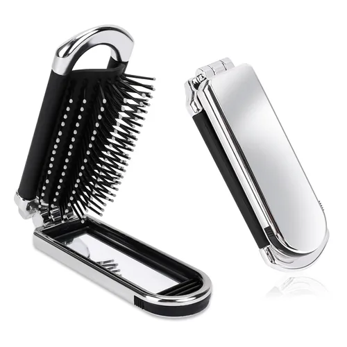 Miniatura 8 de Cepillo de pelo portátil de viaje, pequeño cepillo plegable compacto con espejo y punta redonda, cerdas de nailon para mujeres y hombres, mini peine