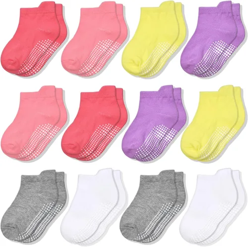 ELUTONG - Calcetines antideslizantes para niños pequeños, paquete de 12 pares, calcetines de tobillo con agarre para bebés, niños y niñas de 0 a 7