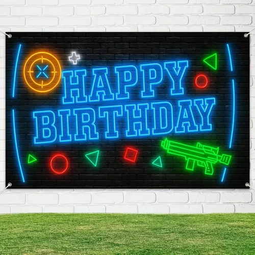 Miniatura 5 de HOMETITUTE Cartel de feliz cumpleaños de 71 x 43 pulgadas con luz negra fluorescente para decoración de fondo de fiesta, controlador de juego azul