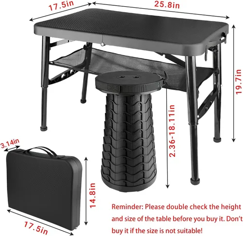 Miniatura 5 de Mesa y Silla Plegable, Pequeña, Negra, Mesa Portátil de 4 Pies para Exteriores, Altura Ajustable, para Acampar, Picnic, Mesa para RV, Capacidad