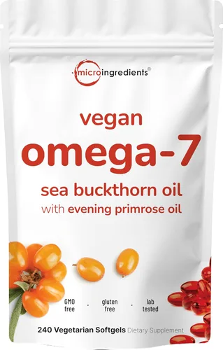Aceite vegano de espino amarillo Omega 7 de 6,000 mg, 240 cápsulas blandas vegetarianas | 2 en 1 con aceite de onagra | Soporte natural para