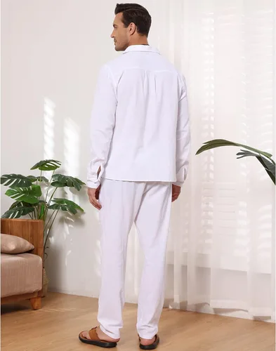 Miniatura 6 de EndoraDore Men's Outfits Linen Button Down Long Sleeve Shirt And Casual Beach Drawstring Waist Pants 2 Piece Set