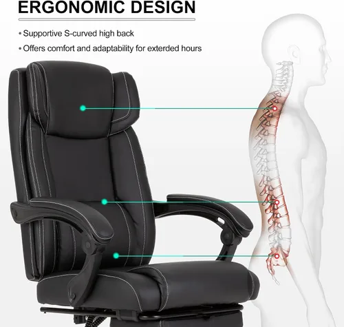 Miniatura 5 de Silla de oficina reclinable con reposapiés, silla ergonómica de escritorio de oficina en casa con soporte lumbar, silla de cuero ejecutivo grueso