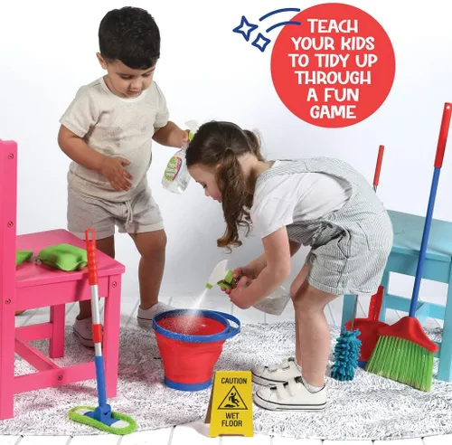 Miniatura 3 de Play22 - Juego de limpieza de 12 piezas de juguete que incluye escoba, trapeador, cepillo, recogedor para el polvo, plumero, esponja, trapos