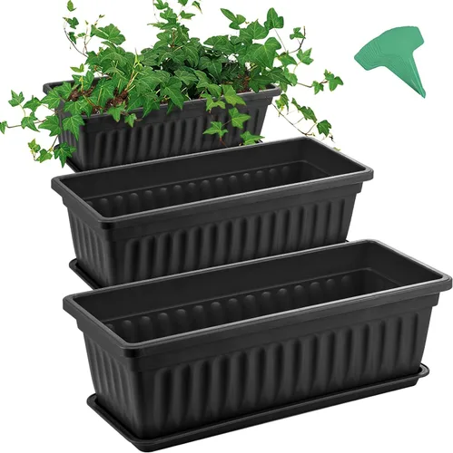 Miniatura 10 de GROWNEER Paquete de 3 jardineras verdes de 17 pulgadas para ventana, macetas largas de plástico para vegetales con 15 etiquetas de plantas