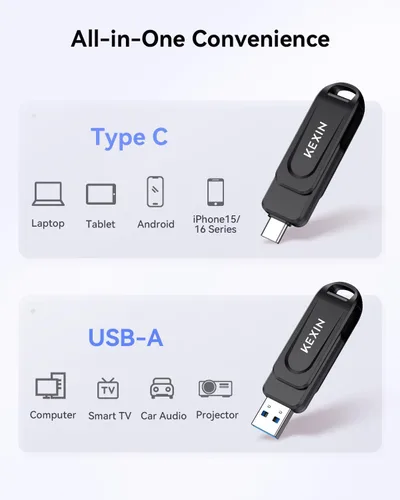 Miniatura 5 de KEXIN Unidad flash dual de 32 GB, paquete de 2 unidades USB-A y tipo C 3.0 100 MB/s, unidad USB giratoria de 32 GB para teléfono inteligente