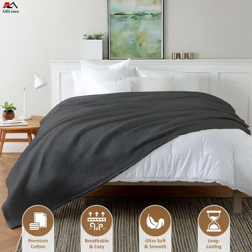 Miniatura 3 de ARlinen Manta de cama de gofres, 100% algodón, suave, ligera, transpirable, manta térmica para todas las estaciones, tamaño King, gris oscuro