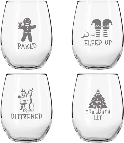 Miniatura 2 de Drunk Christmas - Juego de 4 copas de vino divertidas sin tallo Divertidas copas de vino temáticas de Navidad para fiestas de vacaciones 4