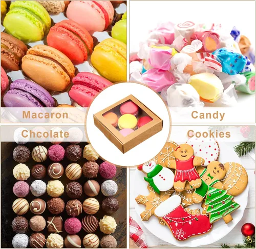 Miniatura 5 de Zonon 30 cajas de papel kraft con ventana de 4.13 x 4.13 x 1.18 pulgadas, para embalaje de caramelos, cajas de regalo pequeñas, soporte para Marrón