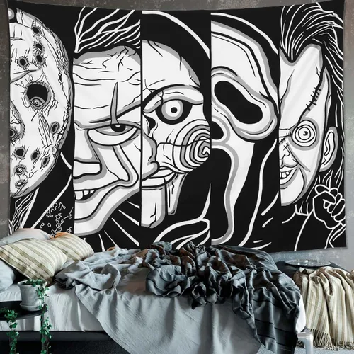 Miniatura 2 de Tapiz de Cara de Terror Blanco y Negro Trippy para Colgar en la Pared, Decoración de Halloween, Tapiz de Fiesta para Dormitorio, Sala de Estar