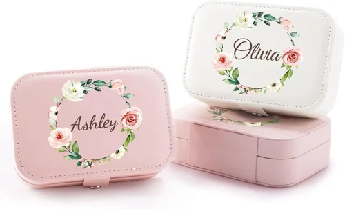 Miniatura 7 de Corissy Joyero personalizado para mujer, joyero de viaje personalizado con nombre y flor de nacimiento, joyero de cuero para anillos, aretes