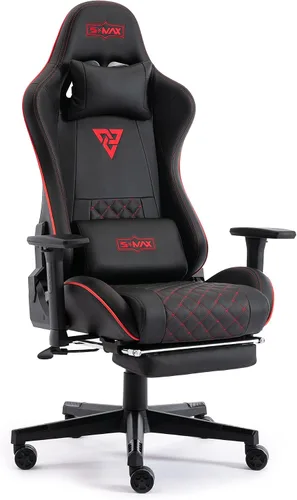 S*MAX Silla de juegos con reposapiés, asiento grueso, sillas de juegos negras con reposabrazos 3D, sillas de jugador de piel sintética y soporte