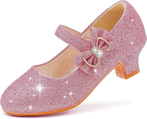 Dufannie Zapatos de vestir para niñas, zapatos de tacón bajo de princesa, zapatos planos con purpurina para bodas y fiestas