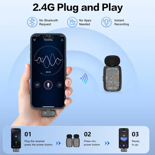 Miniatura 7 de ZealSound Micrófono TikTok, micrófono inalámbrico Lavalier para iPhone, iPad, Android (USB-C/Lightning), mini micrófono con funda de carga