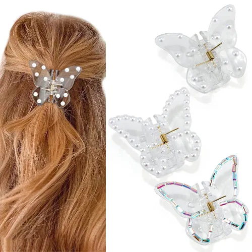 Canitor Pinzas de mariposa para mujer, 3 piezas: pinzas para el cabello de mariposa para mujer, transparentes, perlas, cabello grueso y fino,
