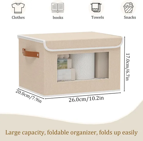 Miniatura 3 de Cajas de almacenamiento plegables con tapas, organizadores de armario de lino, contenedores de almacenamiento de 10.2 x 7.8 x 6.7 pulgadas para Beige