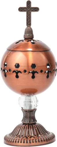 Nazareth Store Quemador de incienso de latón pulido con carbón, soporte para incienso de iglesia cristiana, conos de incienso, cruz de 7.9 pulgadas,