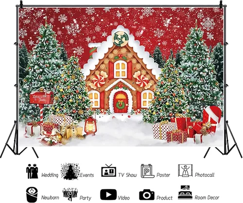 Miniatura 5 de Telón de fondo de Navidad de pan de jengibre, 7 x 5 pies, fondo de fotos de casa de jengibre rojo para fotografía, nieve de invierno, árbol