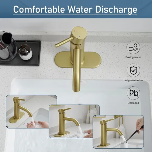 Miniatura 5 de GENBONS Grifos de Baño Dorados, Grifo de Lavabo Moderno de Una Sola Manija Dorado Cepillado de 1 Agujero con Placa de Cubierta de 3 Agujeros, Grifo