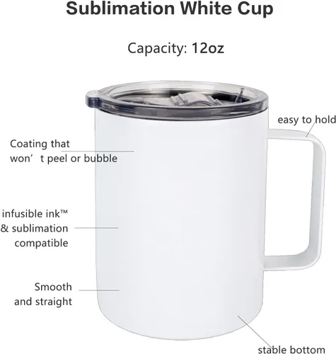 Miniatura 4 de 4 vasos de sublimación en blanco delgado de 12 onzas con mango blanco de doble pared de acero inoxidable taza recta para café con tapa deslizante