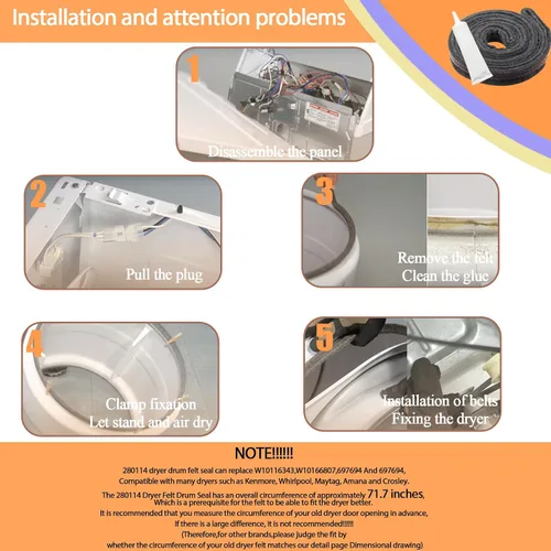 Miniatura 6 de Actualización 280114 W10521118 697694 Secadora Tambor Kit de Sello de Fieltro Reemplazo W10116343 W10166807 Sello Compatible con Whirlpool Maytag