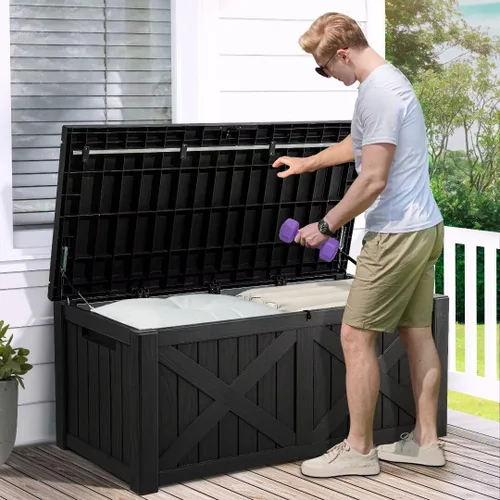 Miniatura 3 de YITAHOME Caja grande de cubierta de 120 galones con parte delantera en forma de X, cajas de almacenamiento de resina para exteriores, banco de Negro